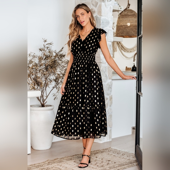 Lulus Dresses & Skirts - Lulus Sheer Metallic Polka Dot Ruffle Smocked Tie Cocktail Wedding Guest Dress